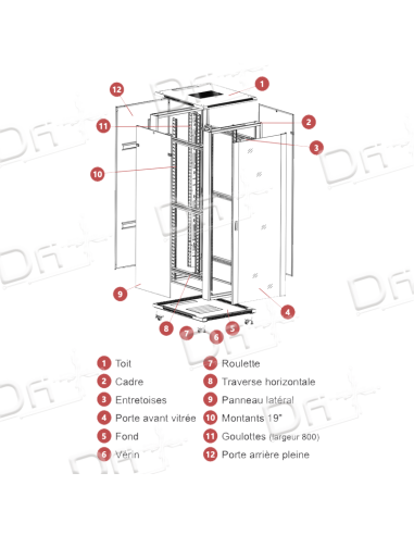 Baie Réseau 19" 22U 600x600 AV Vitrée - AR Pleine - BR2266 - dfiplus